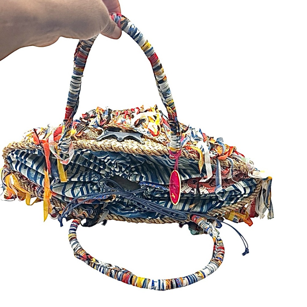 Boho Woven Straw Fringe Tote Bag Colorful Fabric Tassel Beach Handbag - Picture 8 of 11